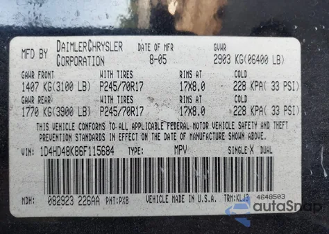 2006 Dodge Durango Slt z USA, uszkodzony, nr VIN 1D4HD48K86F115684